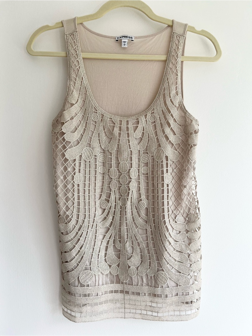 Express Beige Metallic Crochet Lace Overlay Tank Top | Women’s Small - Picture 2 of 7